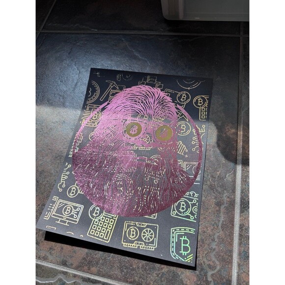 “Crypto Yeti” Bitcoin Visionary Foil Art Print (Plum, Gold & Holographic) - Picture 2 of 2